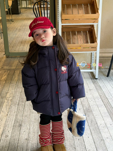 凡妈童装25冬季新款女童小童韩版卡通KT猫刺绣连帽羽绒服外套洋气