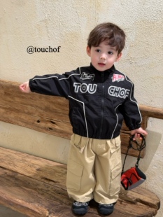 凡妈童装2026春新款男童小童韩版休闲字母夹克外套口袋棉休闲长裤