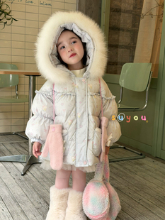 凡妈童装25冬季新款女童小童韩版可爱卡通精灵帽大毛领羽绒服外套