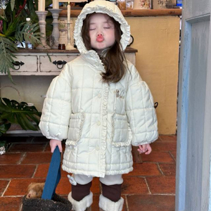 凡妈童装2024秋冬装韩系女童小童甜美刺绣花边连帽中长棉服外套