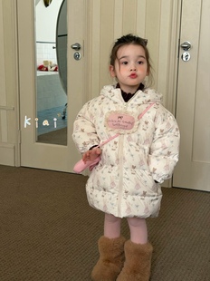 凡妈童装2025冬季新款女童小童韩版可爱兔子印花耳朵帽羽绒服洋气