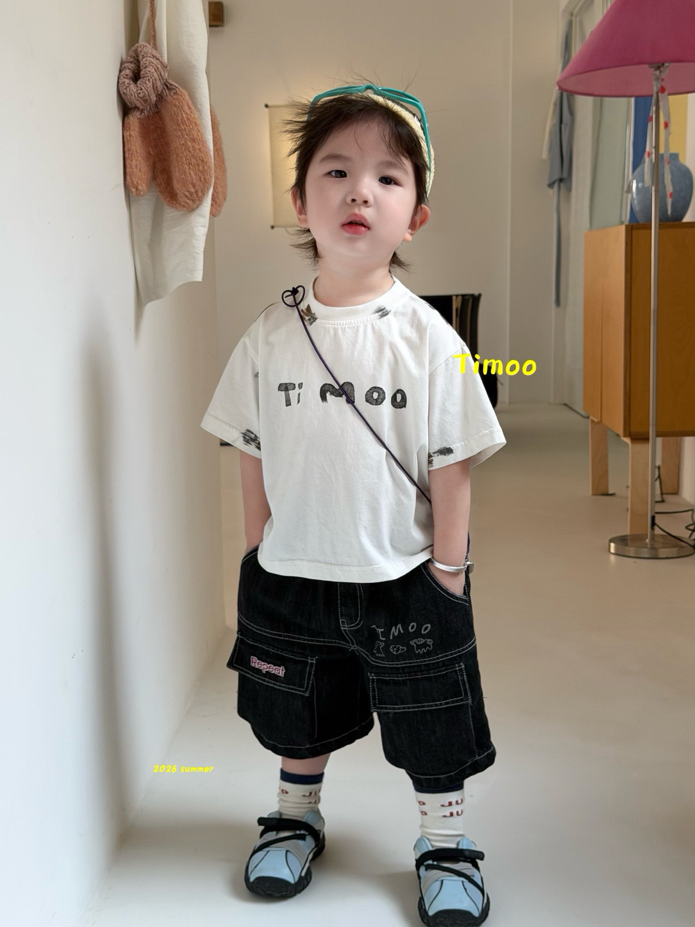 凡妈童装26夏季新款男童小童韩版口袋直筒牛仔中裤字母休闲白T恤