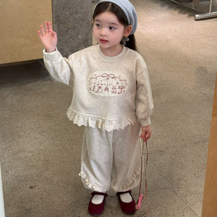 女童小童韓版 可愛卡通貼布花邊衛(wèi)衣褲 2025秋季 子套裝 新款 凡媽童裝