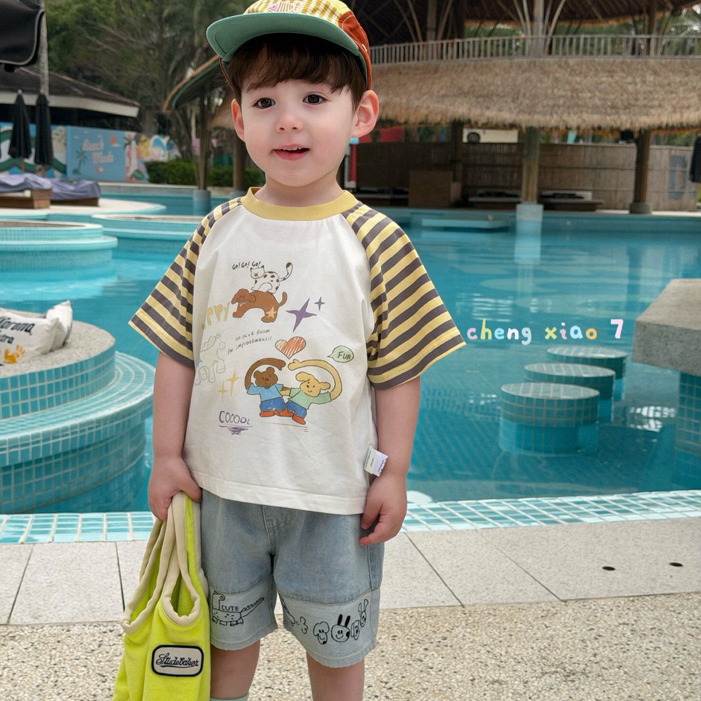 凡妈童装2026夏季新款男童小童韩版休闲牛仔短裤条纹卡通拼色T恤