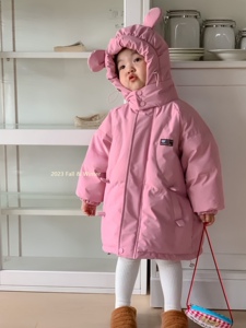 凡妈韩国童装2023冬季新款女童中小童可爱耳朵帽中长款羽绒服加厚