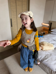 凡妈童装26秋季新款女童小童韩版挂件灯芯绒休闲裤条纹两件套T恤