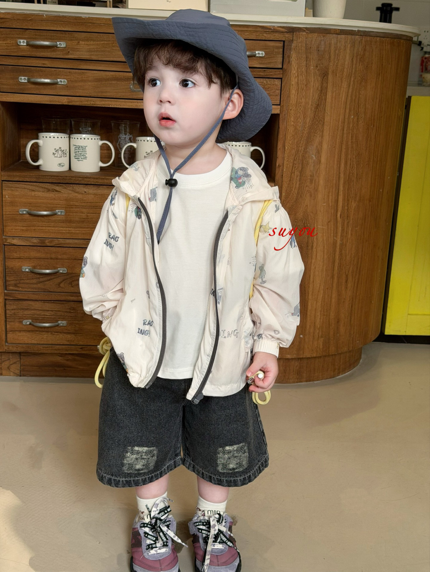 凡妈童装2026夏新款男童小童韩版卡通白T恤牛仔短裤连帽薄防晒衣