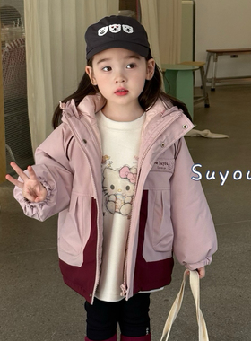 凡妈童装25冬季新款女童小童韩版卡通KT猫休闲防风羽绒服两穿外套