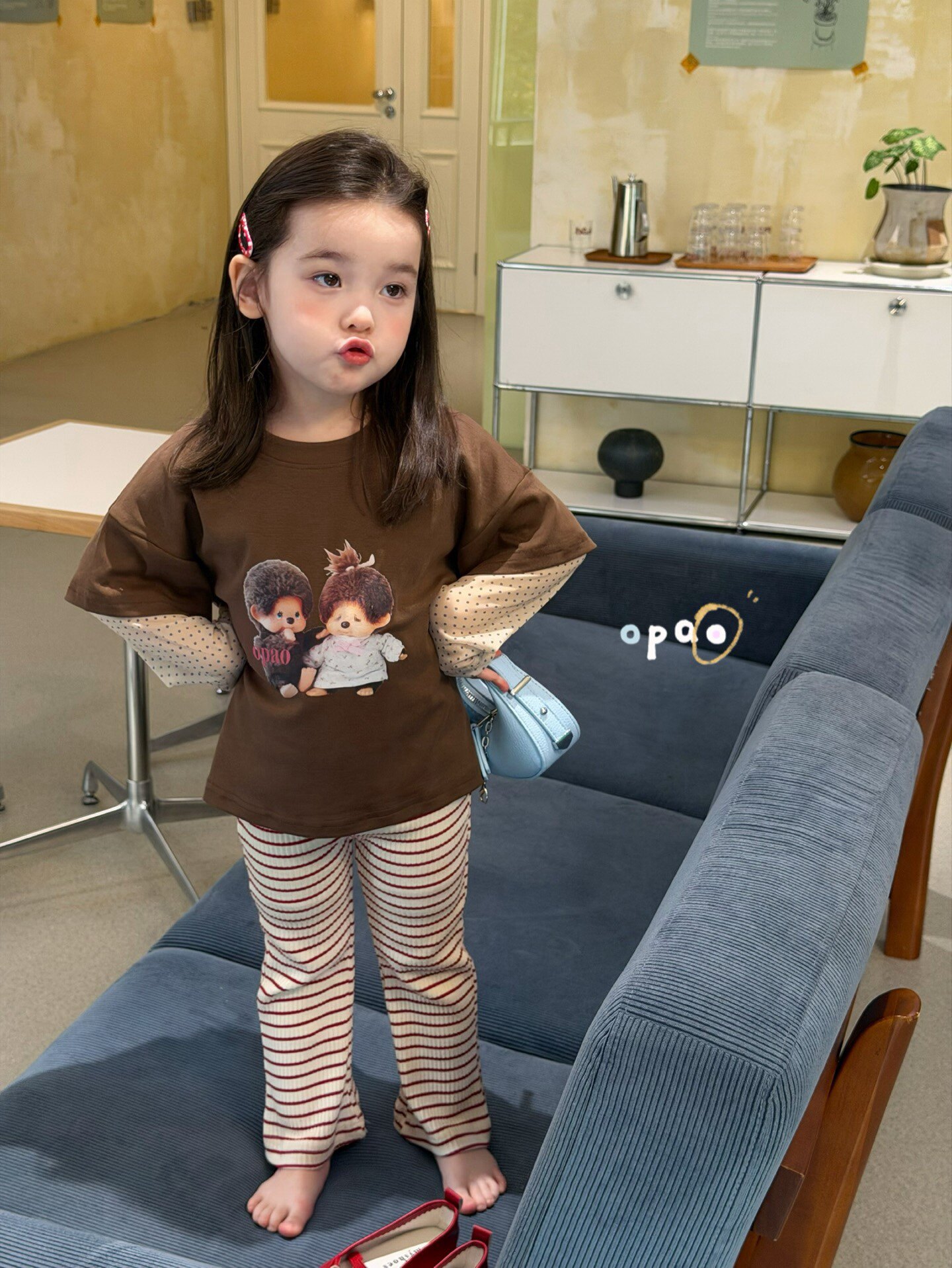 凡妈童装26春款女童小童韩版卡通可爱打底衫两件套T恤条纹喇叭裤