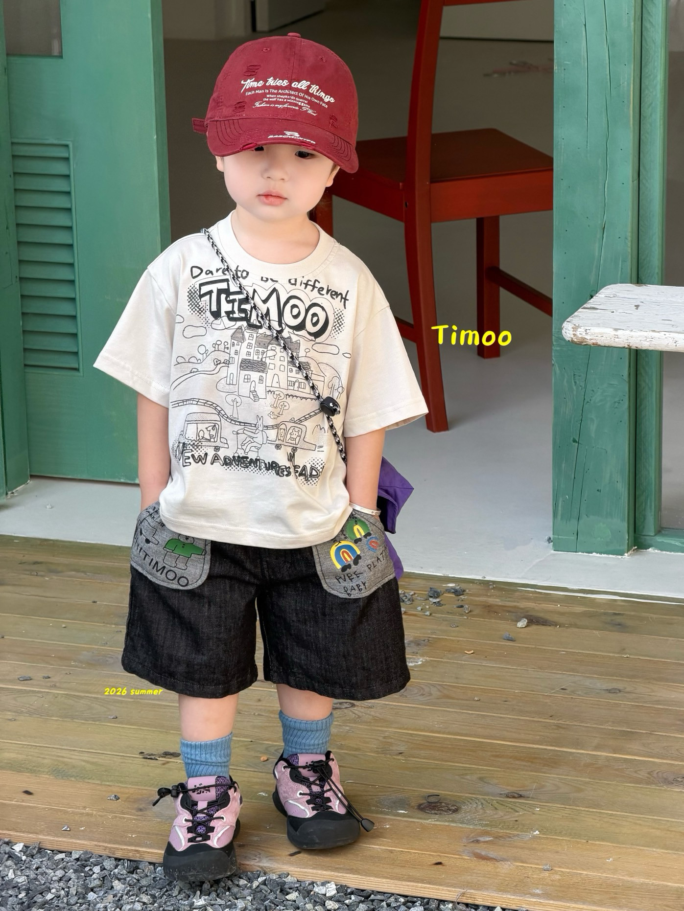凡妈童装26夏季新款男童小童韩版卡通口袋牛仔短裤简笔画休闲T恤