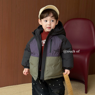 凡妈童装25冬季新款男童小童韩系拼色连帽短款儿童羽绒服外套洋气