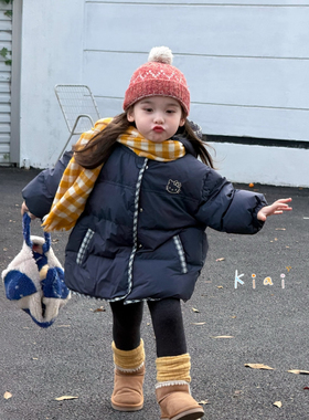 凡妈童装2025冬季新款女童小童韩系KT猫格子边儿童羽绒服外套洋气