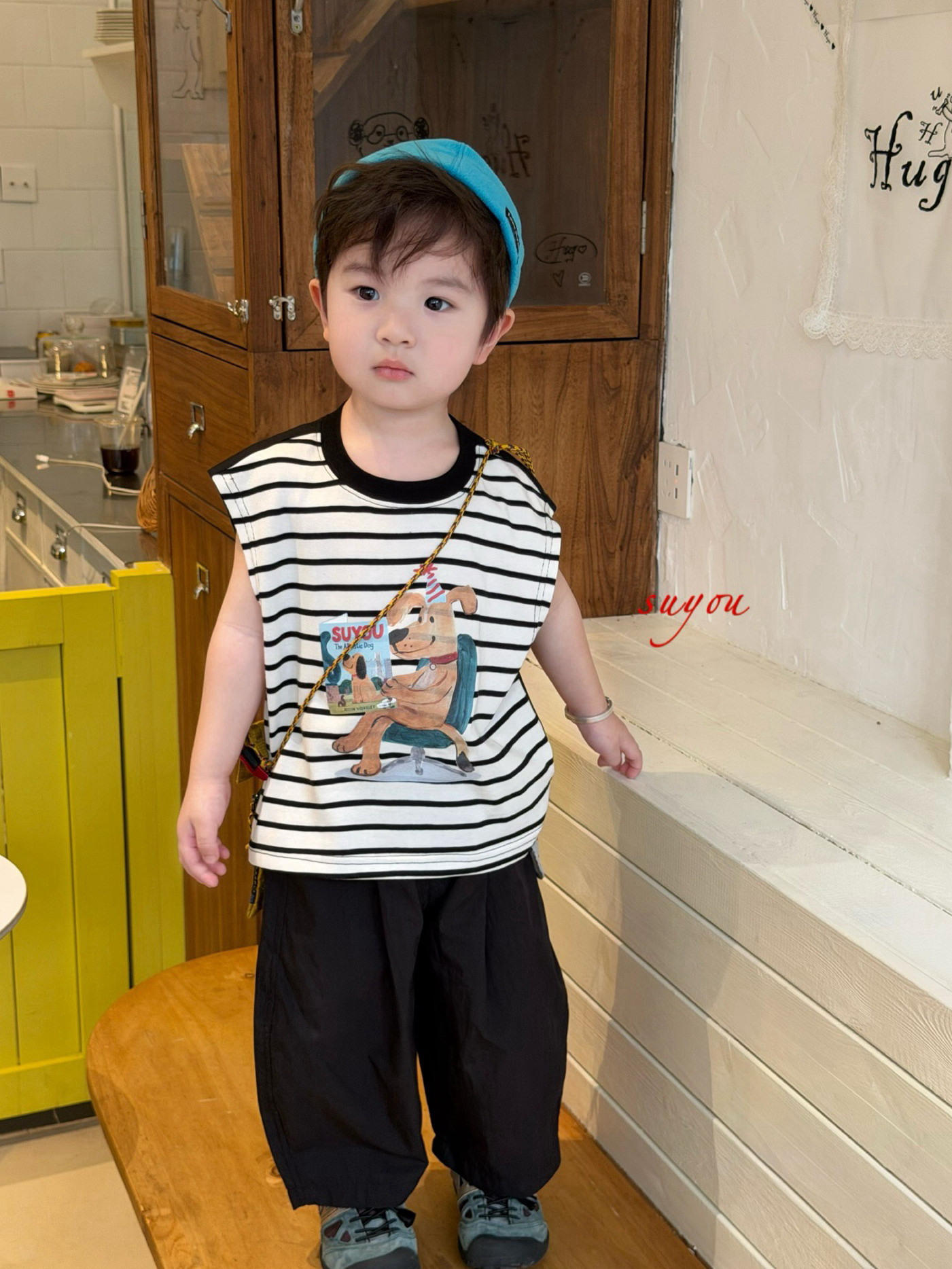 凡妈童装2026夏新款男童小童韩版卡通条纹小狗涂鸦背心腰包休闲裤