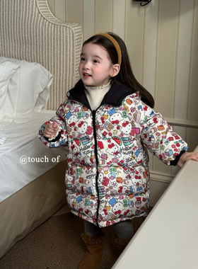 凡妈童装2025冬季新款女童小童韩版KT猫两面穿中长连帽羽绒服外套
