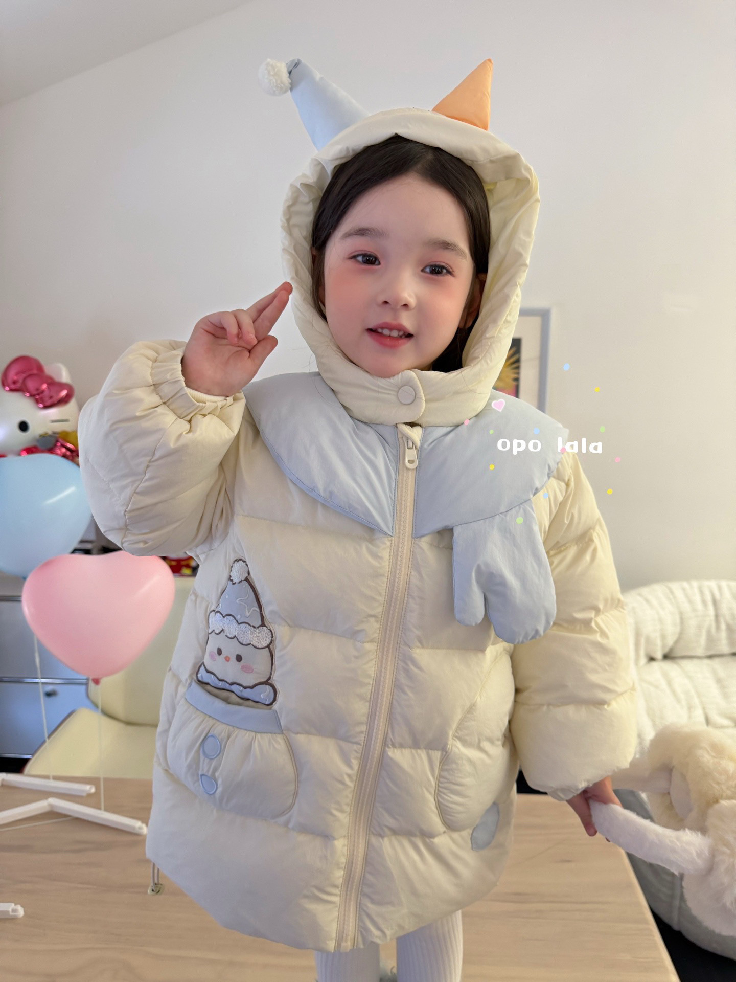 凡妈童装26冬季新款女童小童韩版可爱雪人娃娃口袋连帽中长羽绒服