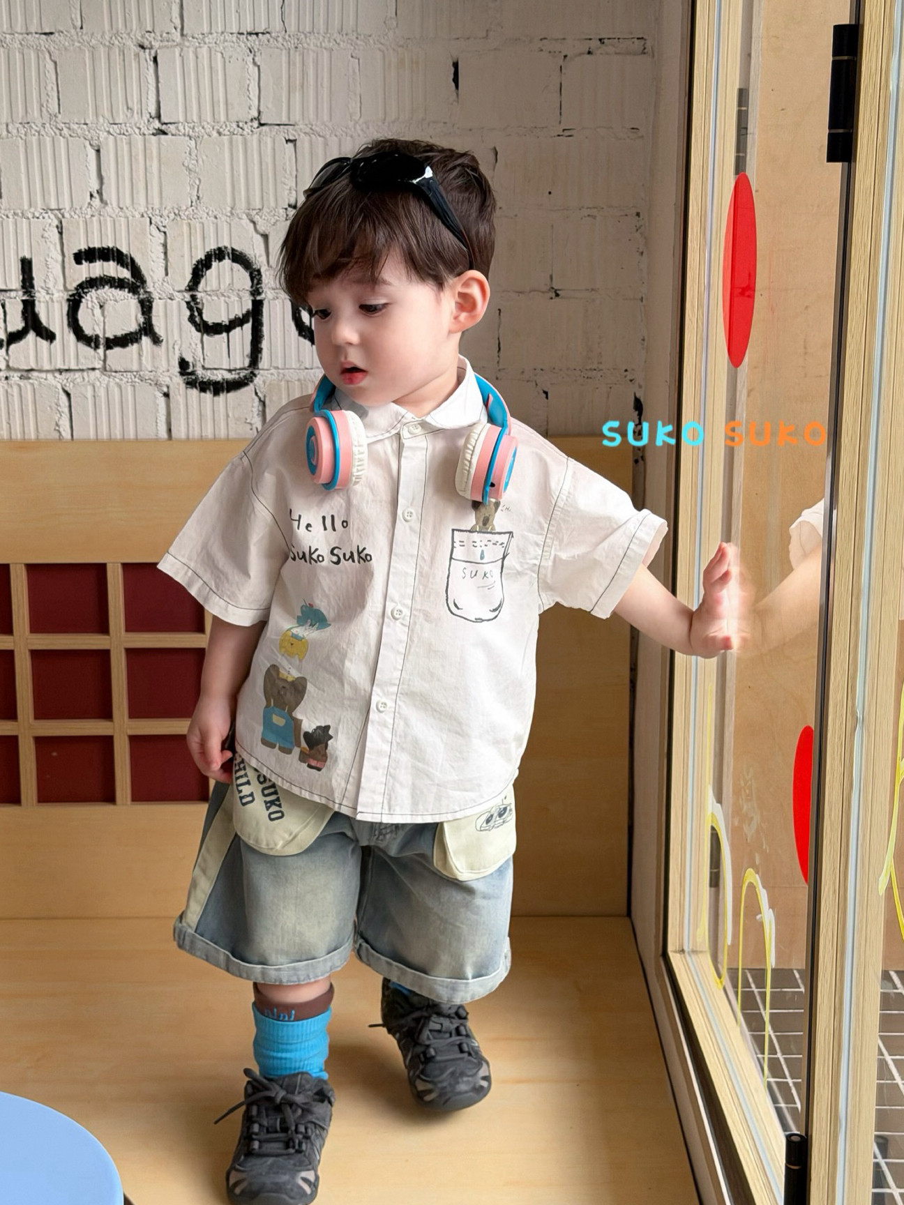 凡妈童装26夏季新款男童小童韩版贴布洋气牛仔短裤卡通棉质白衬衫