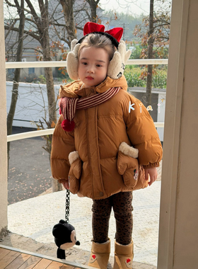 凡妈童装2025冬季新款女童小童韩版卡通米奇玩偶手套羽绒服可爱厚