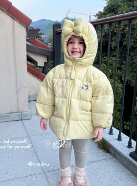 凡妈童装25冬季新款女童小童韩版蝴蝶结帽KT猫卡通可爱羽绒服洋气