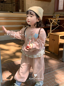 凡妈童装2024秋季新款韩版女童小童卡通印花套装休闲卫衣卫裤两件