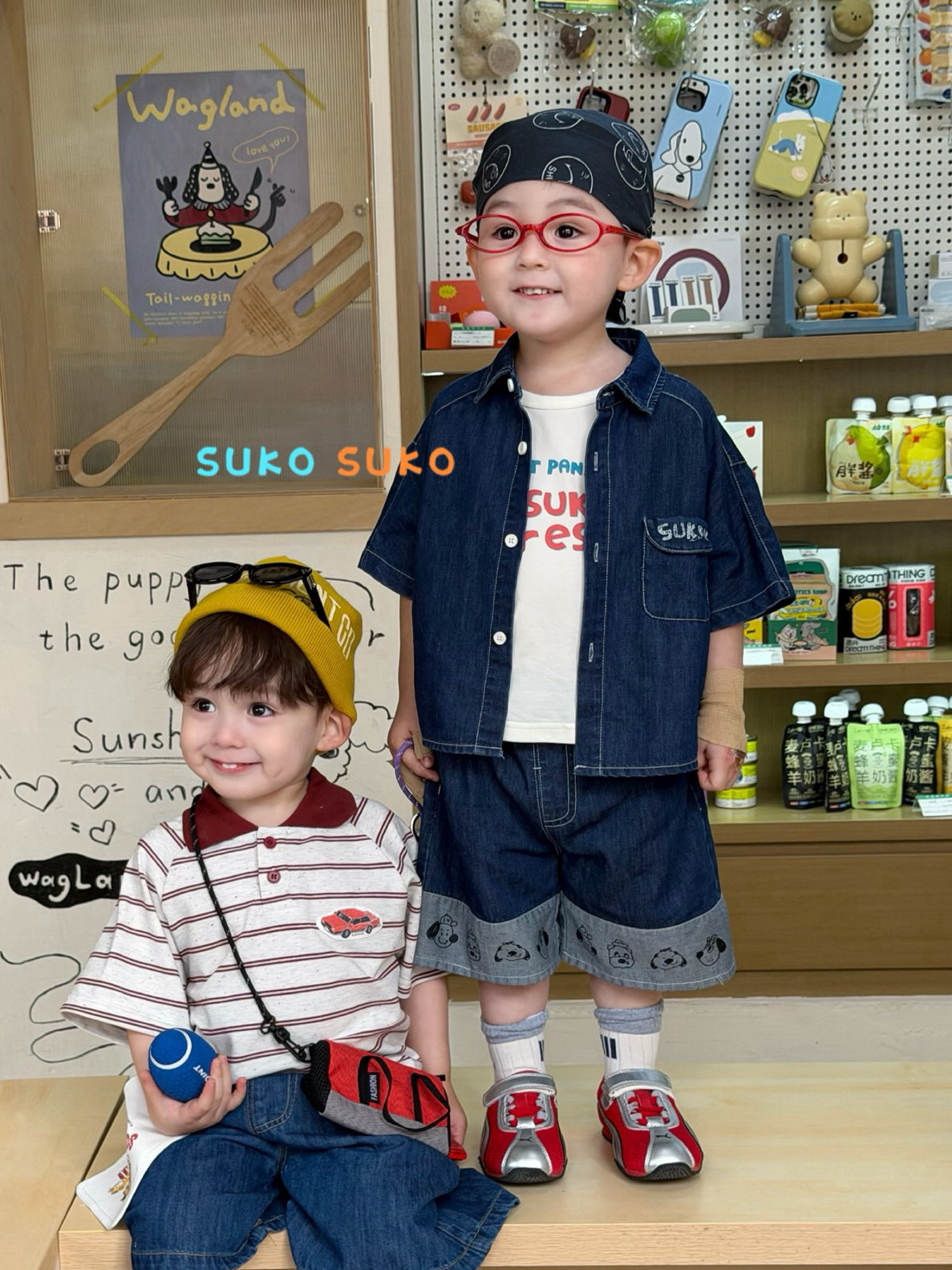 凡妈童装2026夏季新款男童小童韩版后背印花牛仔衬衫短裤休闲套装