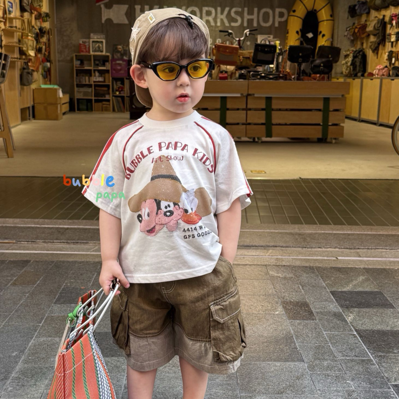 凡妈童装2026夏季新款男童小童韩版卡通米奇T恤拼色口袋短裤中裤