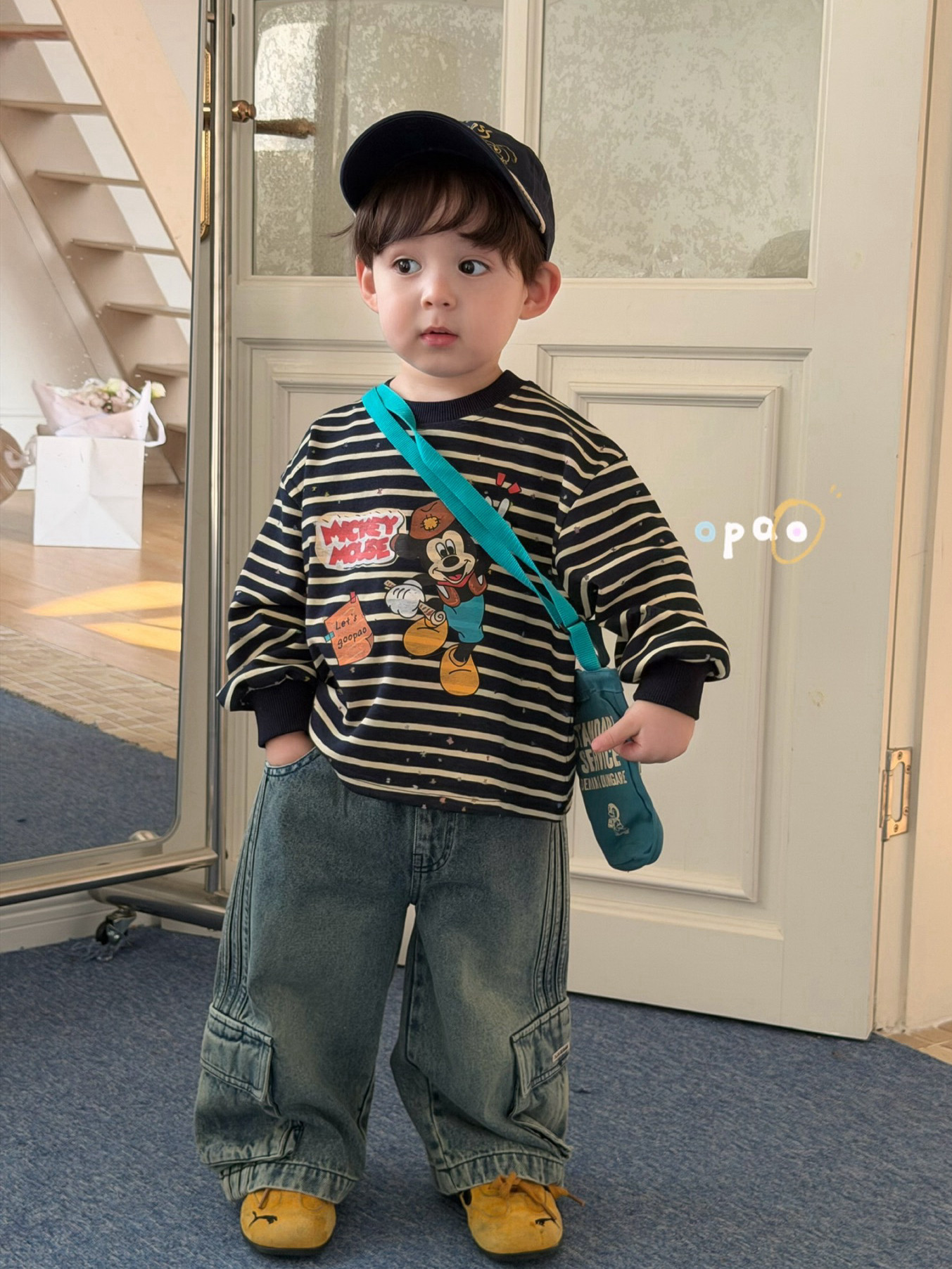 凡妈童装2026春新款男童小童韩版米奇条纹T恤长袖休闲口袋牛仔裤