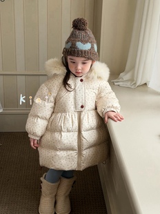 凡妈童装25冬季新款女童小童韩系碎花精灵帽大毛领羽绒服外套洋气