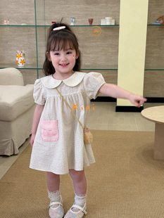 凡妈童装2026夏季新款女童小童韩系撞色口袋娃娃领棉布碎花连衣裙