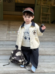 凡妈童装26春款男童小童韩版印花休闲翻领棉质外套T恤洋气牛仔裤