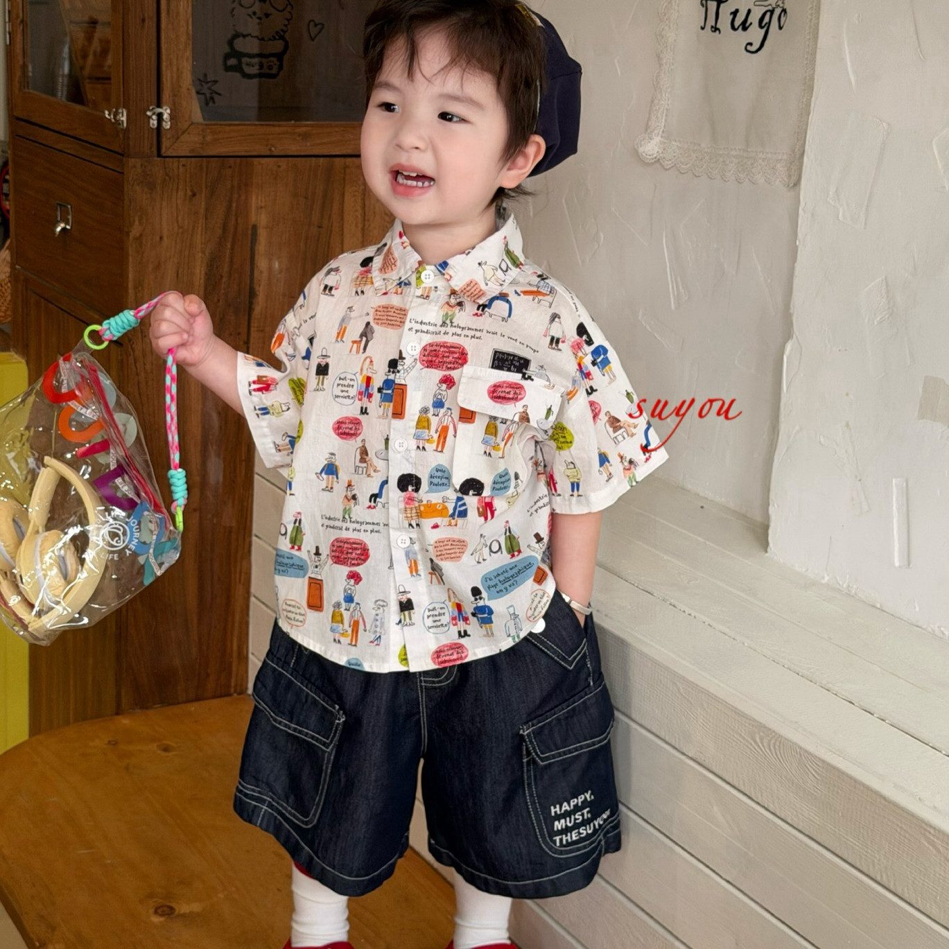 凡妈童装26夏新款男童小童韩版直筒牛仔中裤卡通满印棉布衬衫洋气