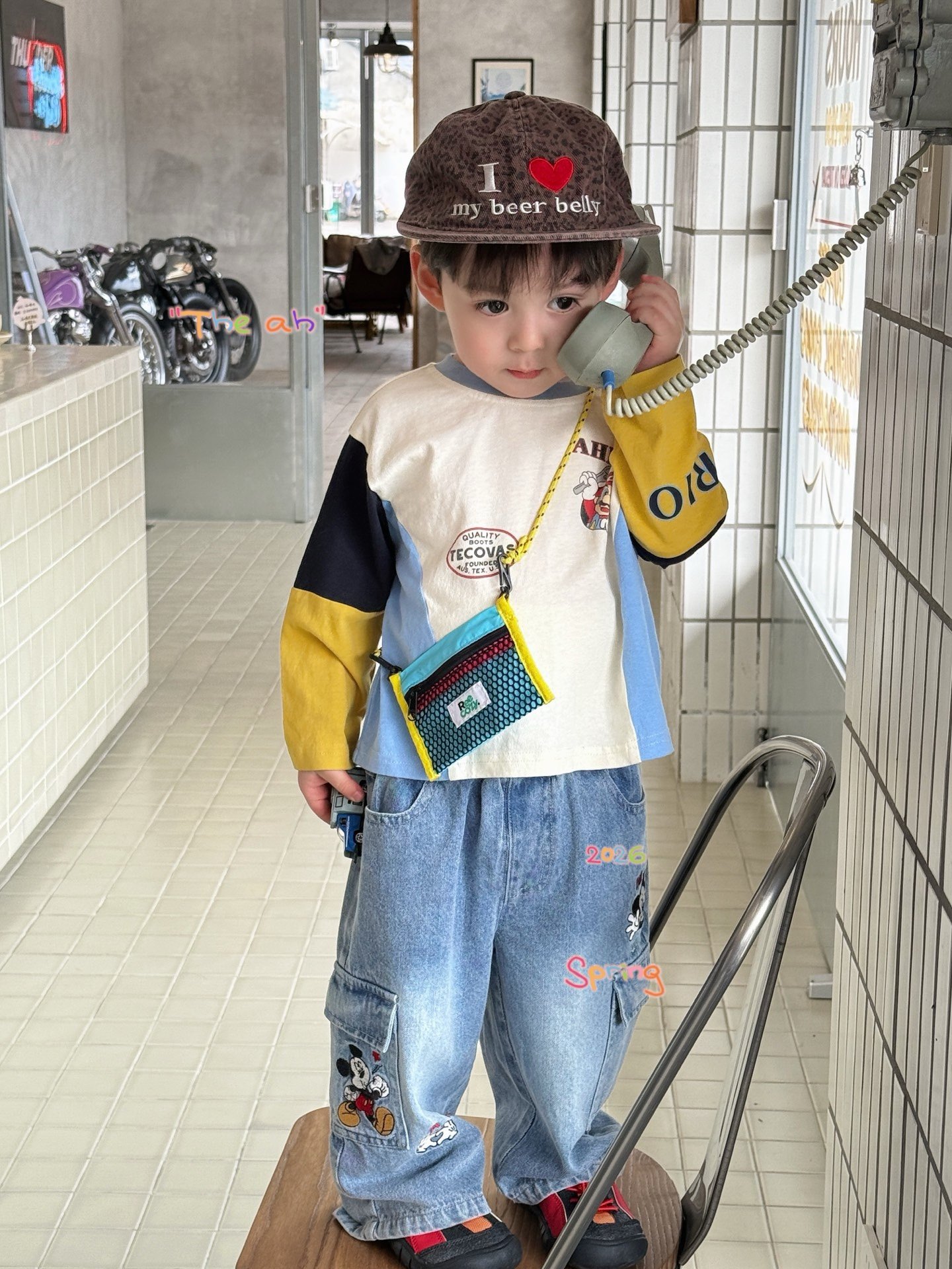 凡妈童装2026春新款男童小童韩版卡通动漫拼色T恤米奇刺绣牛仔裤