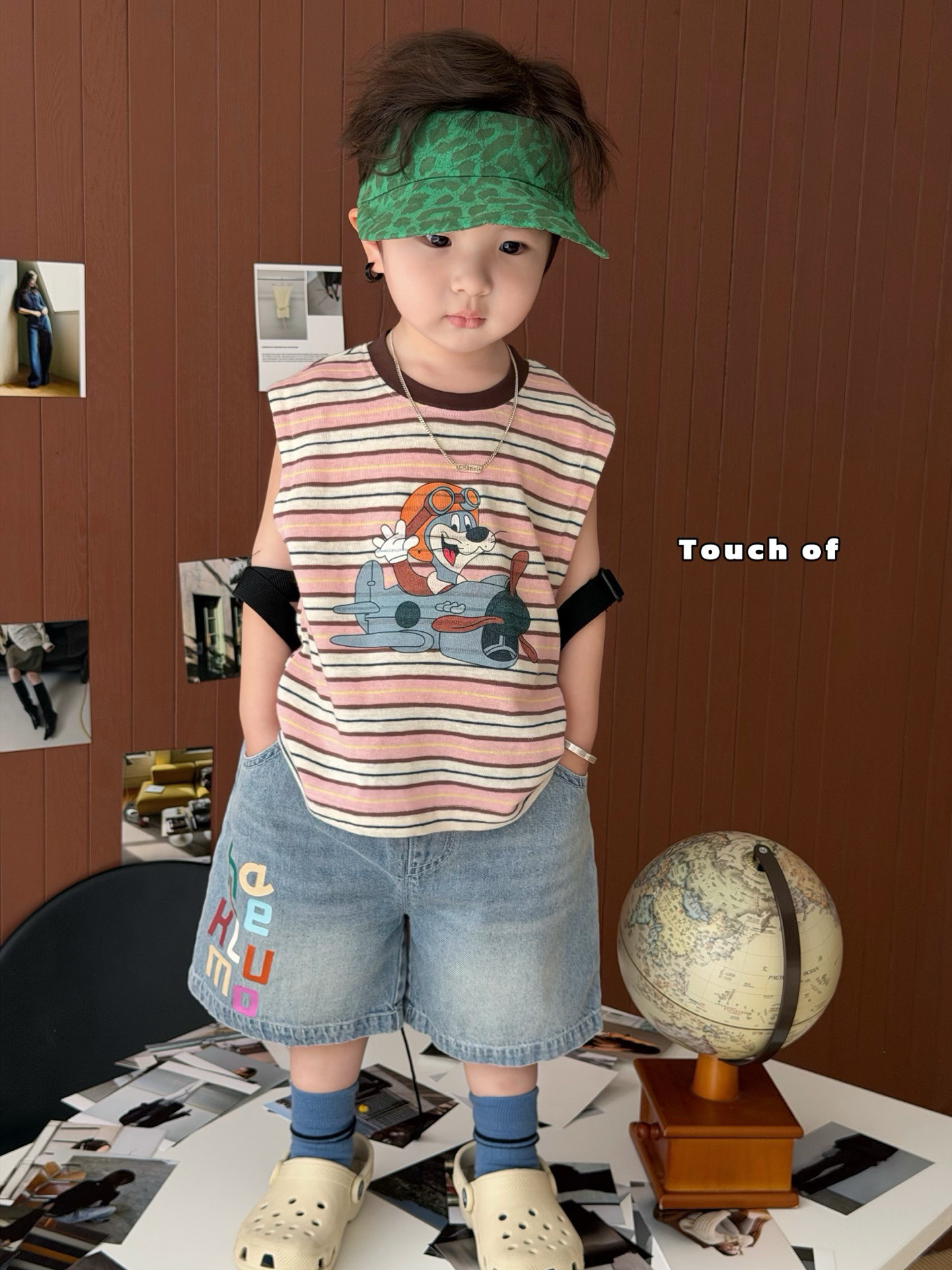 凡妈童装26夏新款男童小童韩版字母休闲牛仔短裤卡通条纹背心洋气