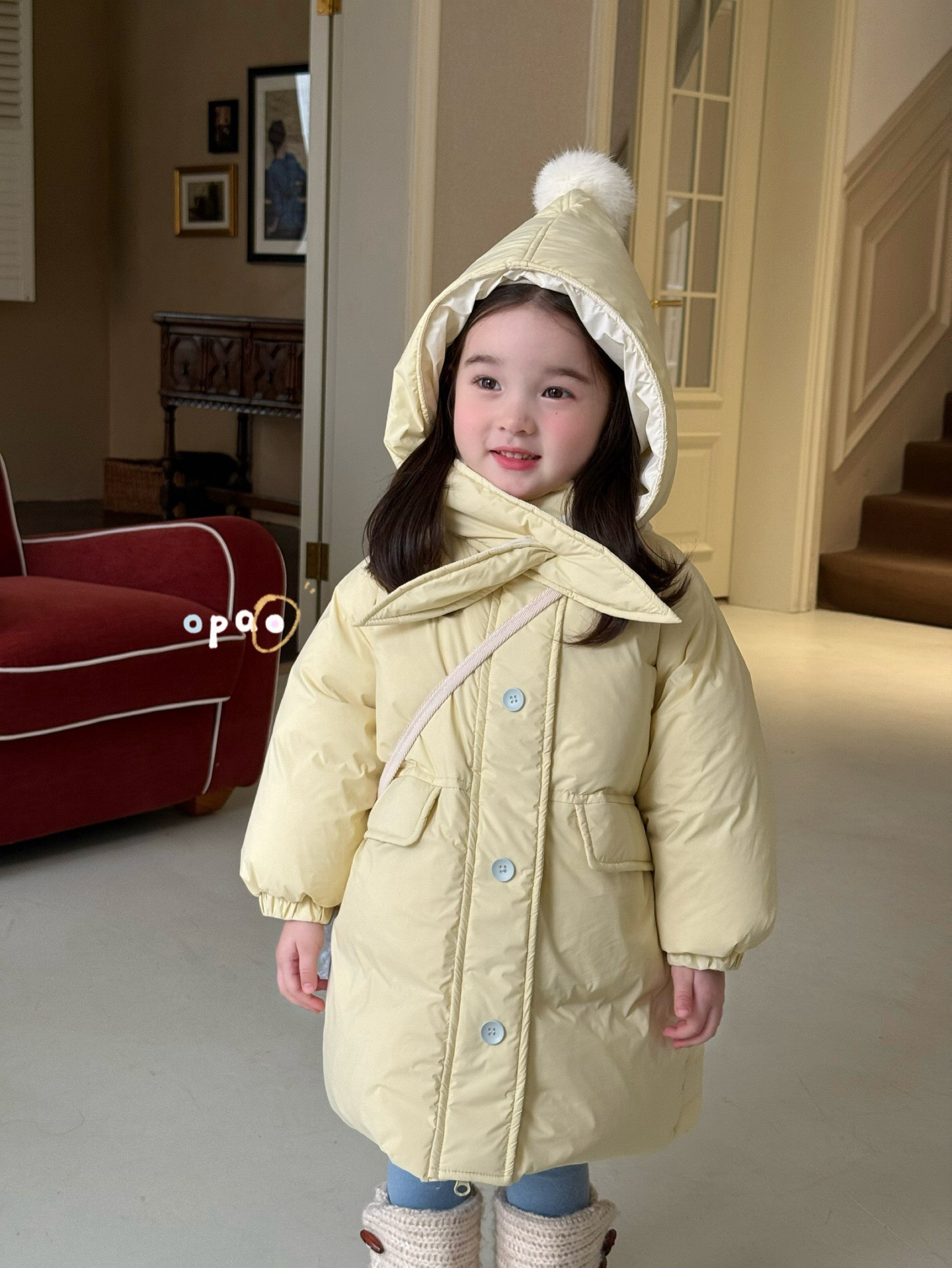 女童韩版精灵帽中长连帽羽绒服