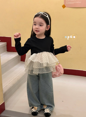 凡妈童装26春款女童小童韩版网纱修身时髦T恤小熊柔软牛仔直筒裤