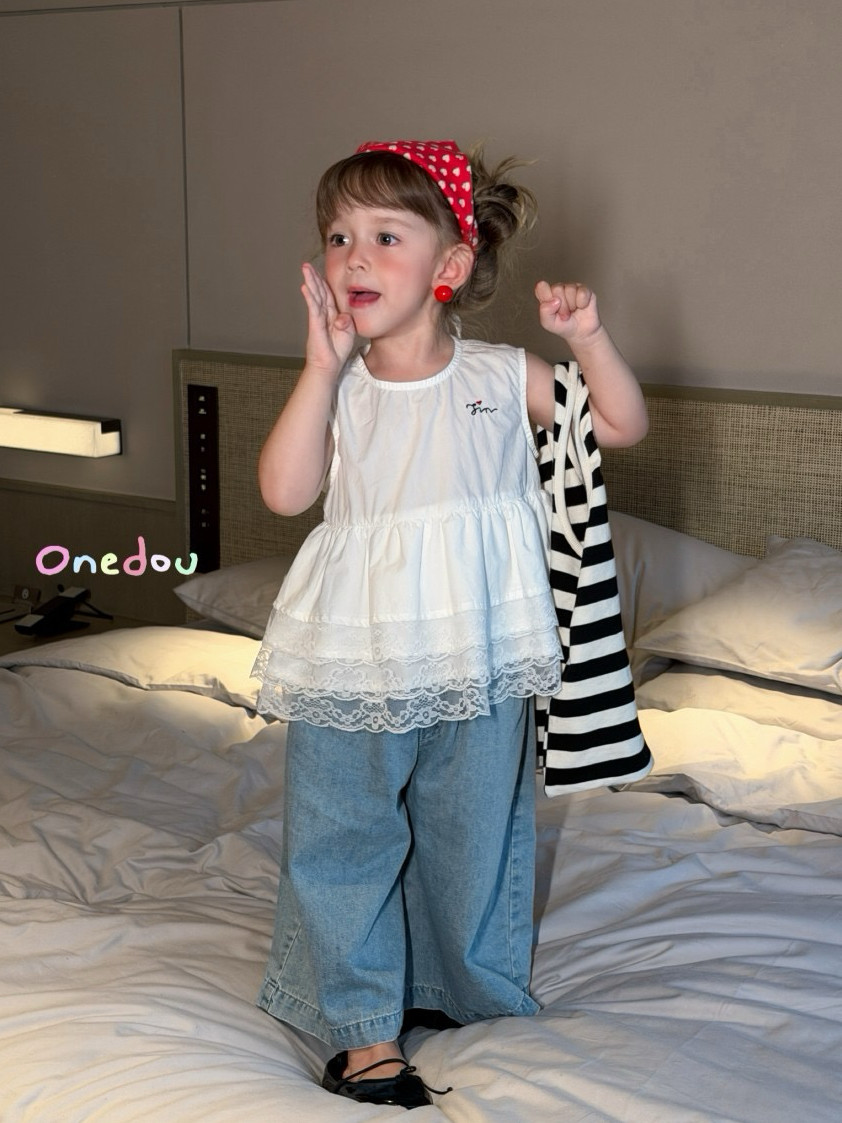 凡妈童装26夏季新款女童小童韩版薄牛仔阔腿裤蕾丝花边娃娃衫衬衫