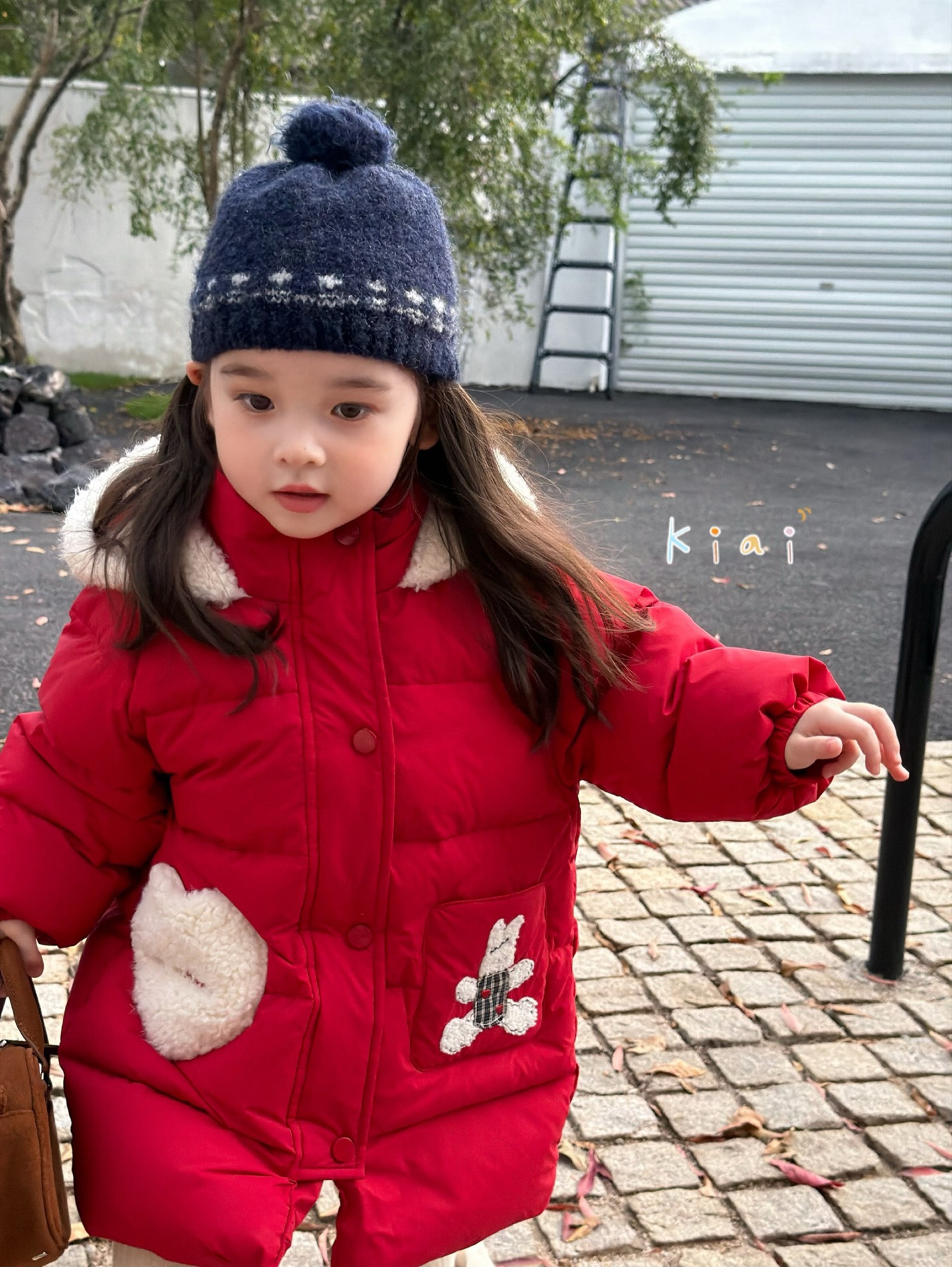 凡妈童装25冬季新款女童小童韩版可爱兔子口袋连帽中长羽绒服外套