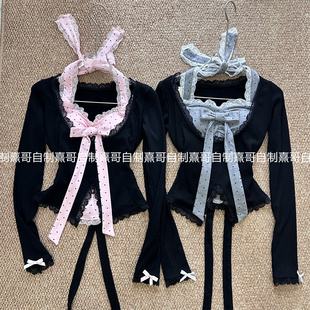 纯欲风辣妹黑粉色波点吊带腰封罩衫女秋季新款蕾丝边半身裙三件套