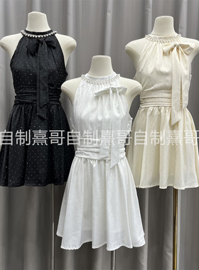 名媛千金小礼服女春夏新款重工法式小香风无袖挂脖烫钻连衣裙短裙