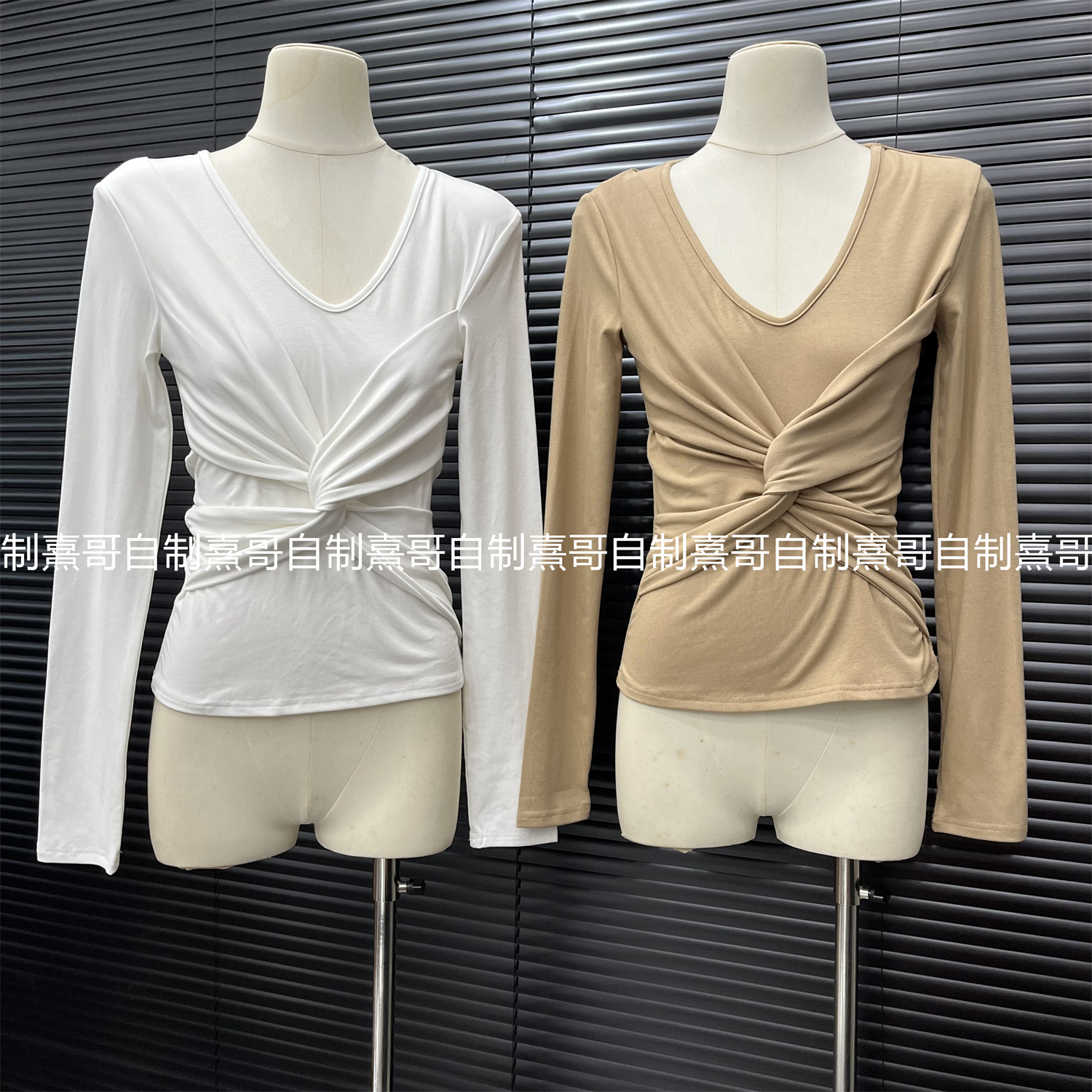 韩系纯欲风v领长袖扭结打底针织衫女秋冬设计感修身显瘦内搭上衣