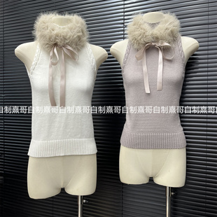 法式毛领无袖针织马甲背心女冬季外穿高级感简约气质百搭打底上衣