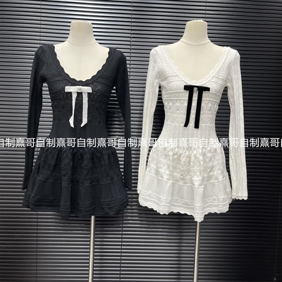 法式千金风蝴蝶结针织连衣裙女秋冬新款设计感小众收腰显瘦短裙子