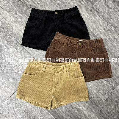 美式复古灯芯绒休闲短裤女秋季低腰直筒裤子包臀裤甜辣妹a字热裤