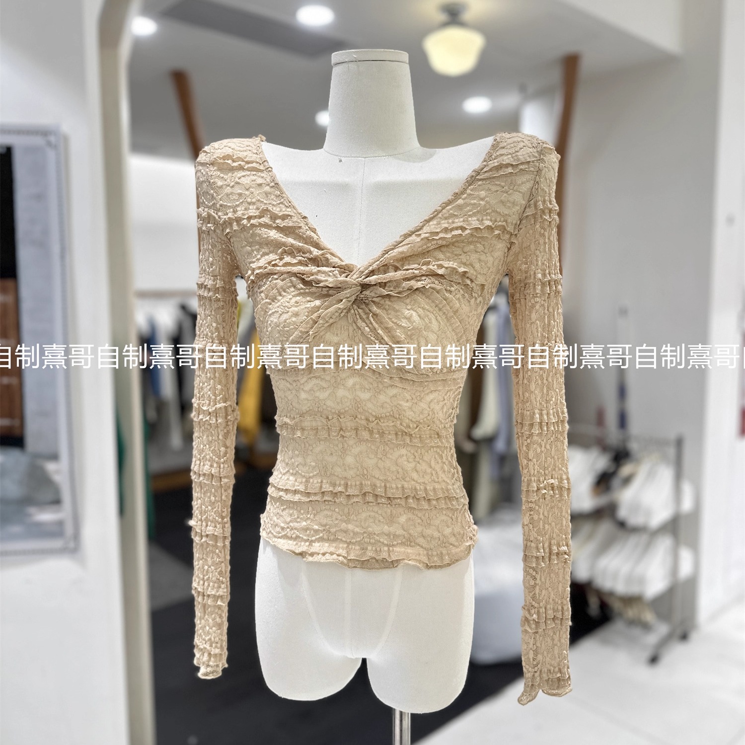 秋冬美式复古纯欲修身深v领扭结镂空蕾丝透视上衣打底小衫女内搭