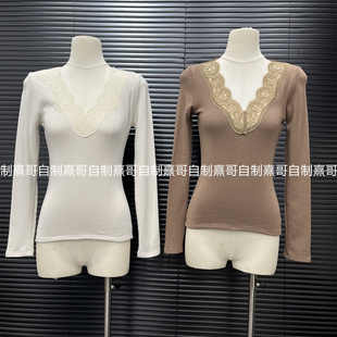 内搭纯欲风紧身收腰打底上衣 修身 蕾丝拼接纯色v领长袖 磨毛T恤冬季