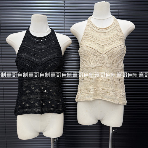 性感辣妹装镂空针织挂脖系带吊带背心女夏季新款时髦露背美背上衣