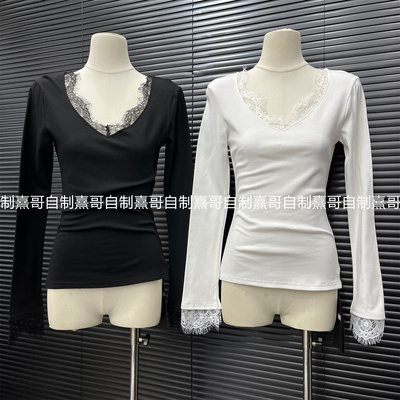 纯色v领蕾丝拼接内搭长袖T恤女冬季纯欲风高级感修身显瘦打底上衣