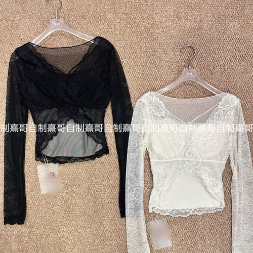 性感蕾丝拼接长袖上衣女修身打底衫透视内搭温柔风V领气质蕾丝衫