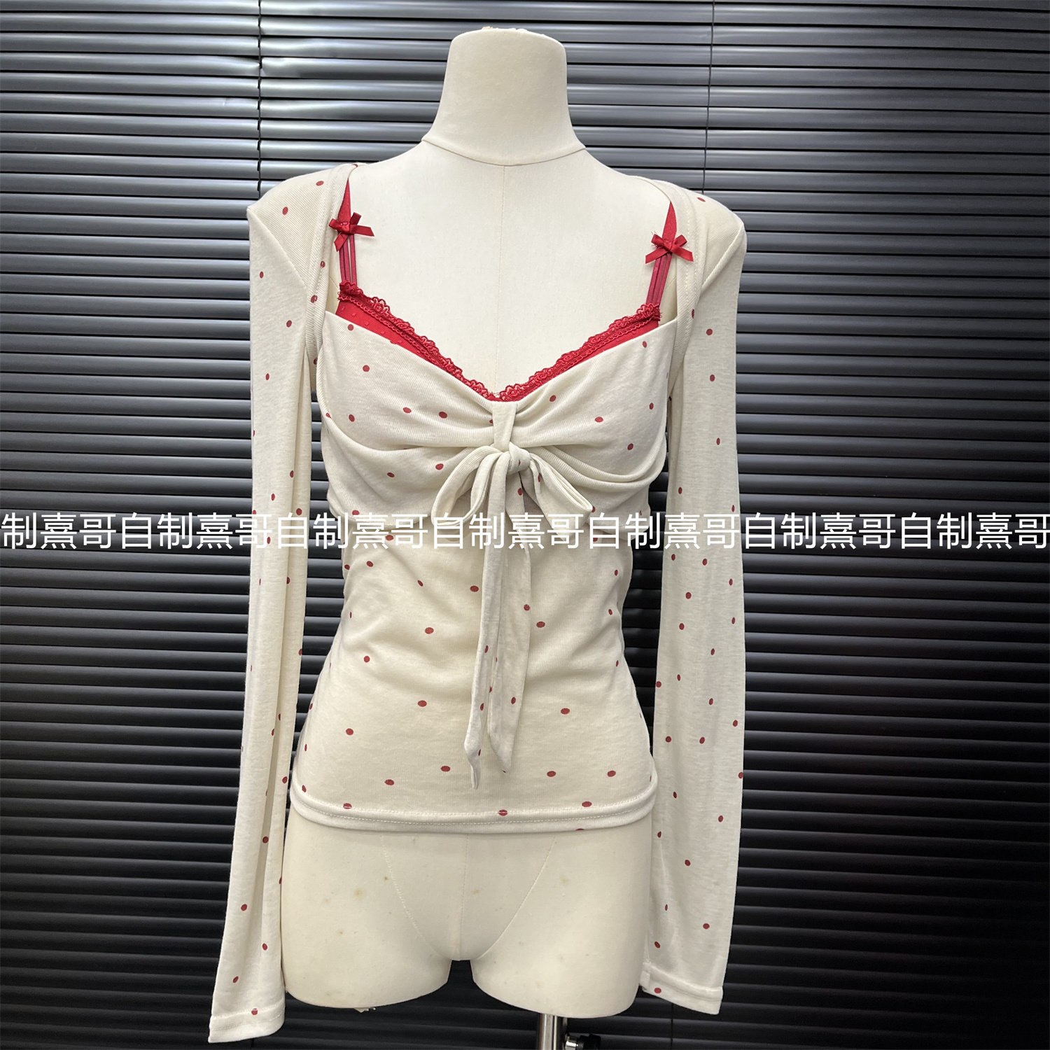 韩系方领红波点长袖t恤女春季新款修身绑带辣妹针织打底衫上衣潮