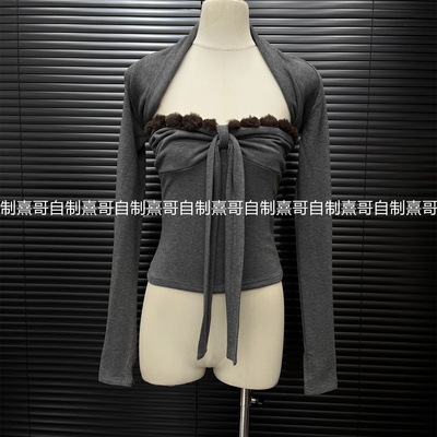 秋冬新款纯欲性感女打底飘带毛球抹胸砍肩两件套修身辣妹外穿上衣