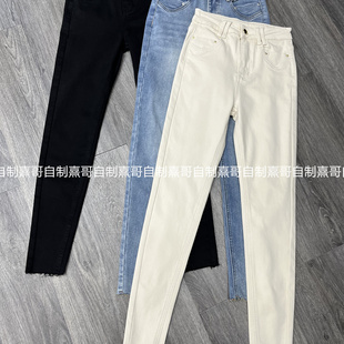 新款 弹力紧身薄绒水洗靴子裤 冬季 女显瘦提臀小脚铅笔裤 九分牛仔裤